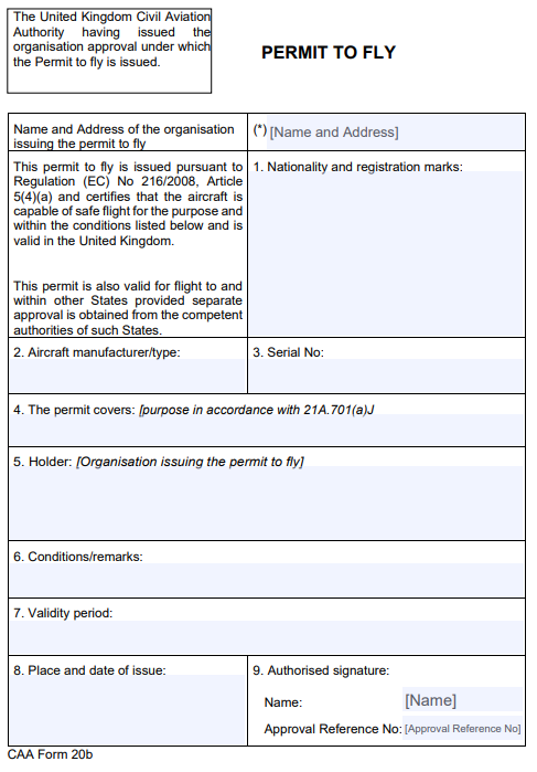 Image of blank CAA Form 20b, Permit to Fly (issued by approval organisations)